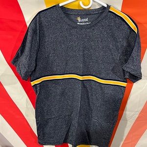 Men’s x-large dark gay/back shirt with yellow shoulder and chest stripe